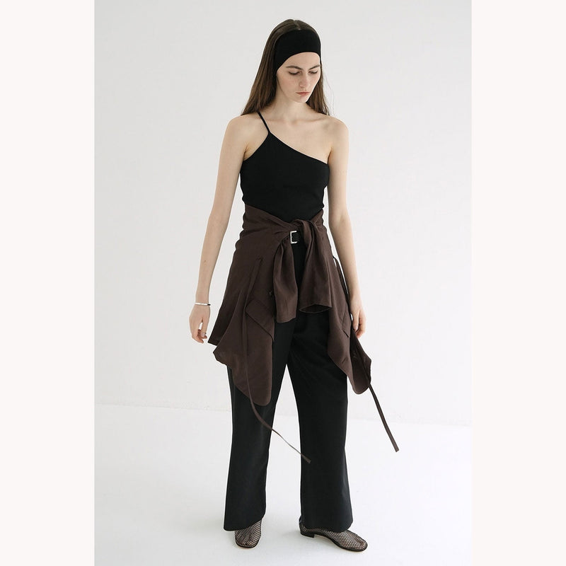 ONE SHOULDER RIB TANK-BROWN-
