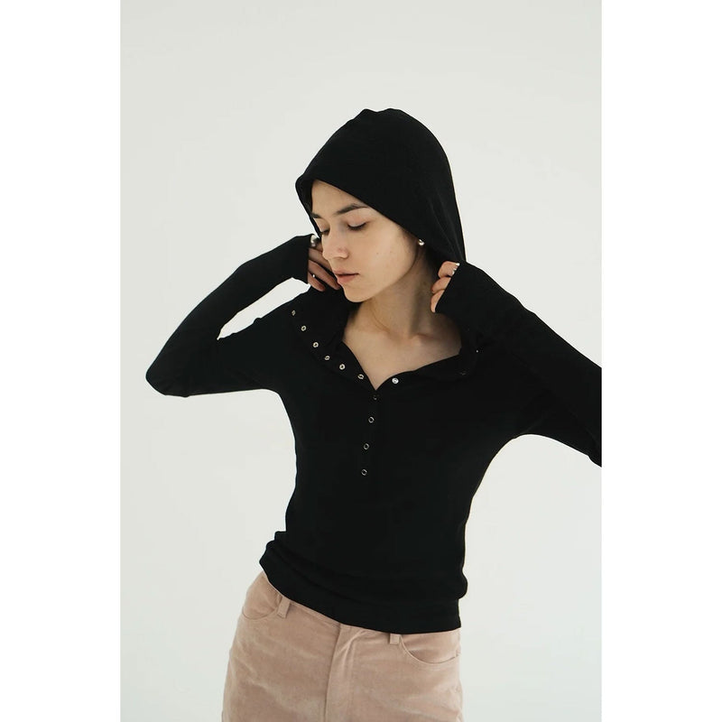 WOOL RIB HOODED TIGHT TOPS -BLACK-