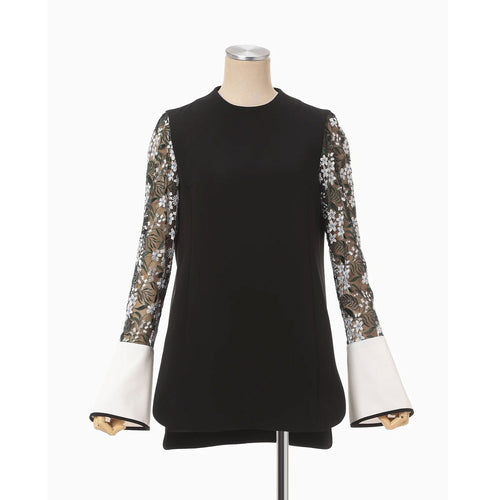 Floral Lace-Sleeve Classic Top - black