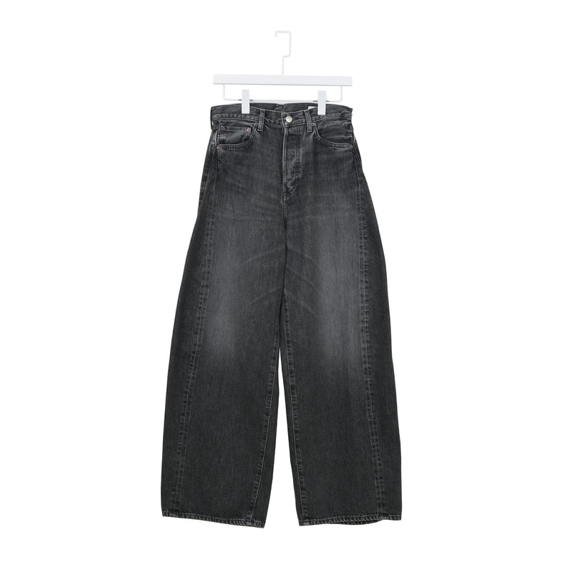 DENIM BARREL LEG JEANS -USED WASH(BLACK)-
