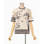 Nature Pattern Sheer Knitted Crew Neck Top-black