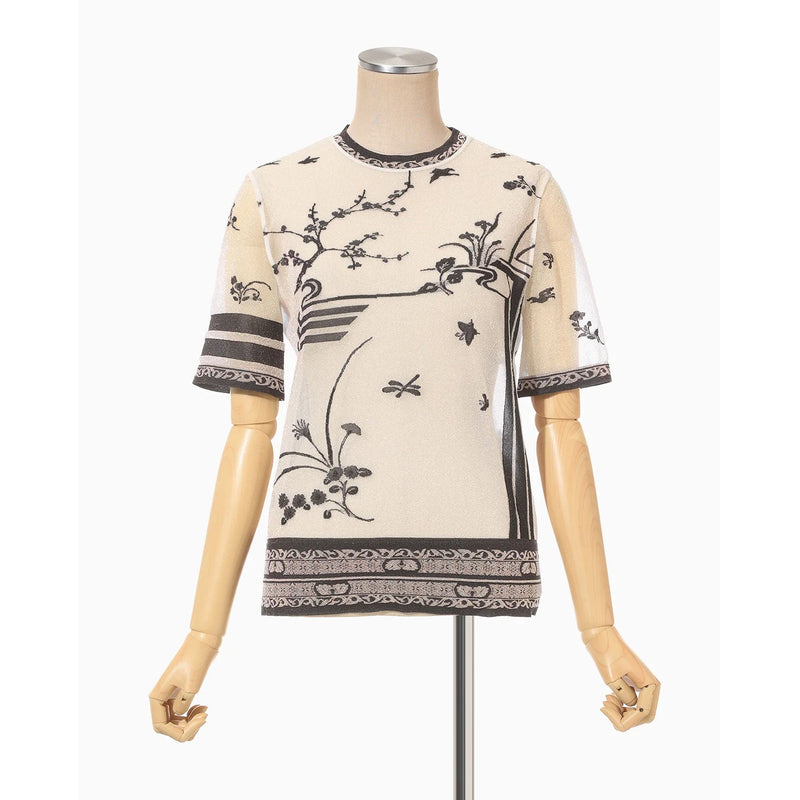 Nature Pattern Sheer Knitted Crew Neck Top-black