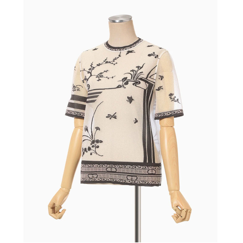 Nature Pattern Sheer Knitted Crew Neck Top-black