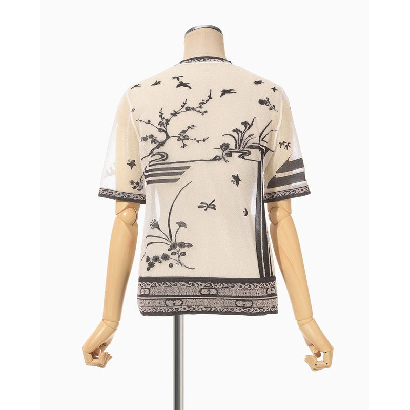 Nature Pattern Sheer Knitted Crew Neck Top-black