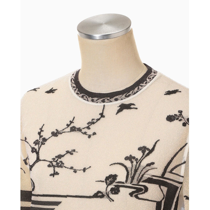 Nature Pattern Sheer Knitted Crew Neck Top-black