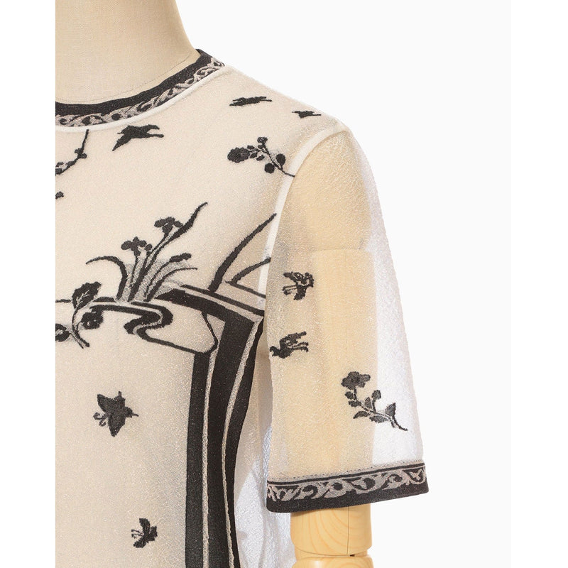 Nature Pattern Sheer Knitted Crew Neck Top-black
