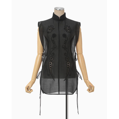 Sheer Embroidery Vest - black