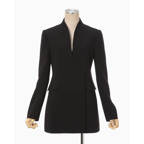 Acetate Polyester Collarless Double Breasted Suit Jacket - black