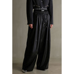 Synthetic Leather Voluminous Wide Pants-BLACK-