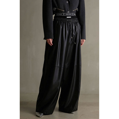 Synthetic Leather Voluminous Wide Pants-BLACK-