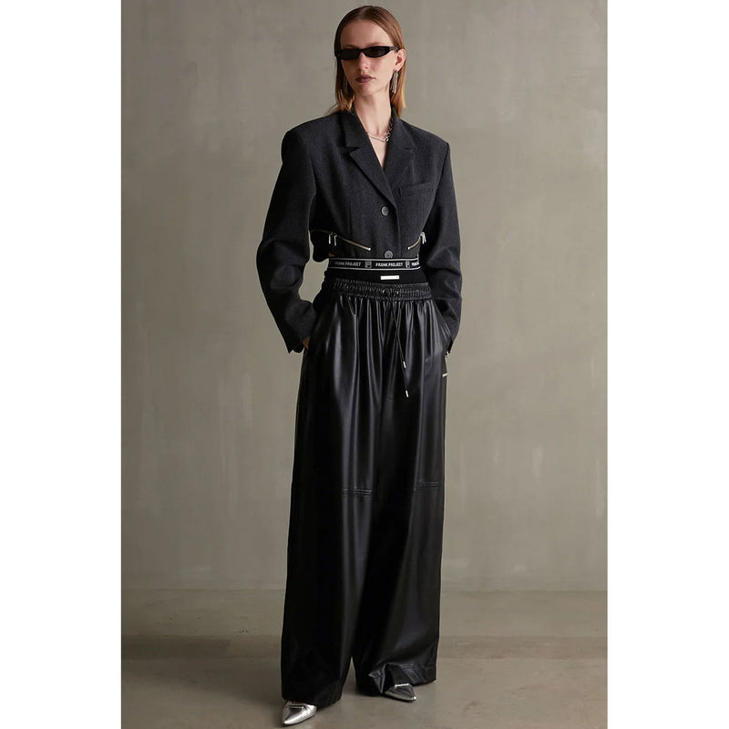 Synthetic Leather Voluminous Wide Pants-BLACK-