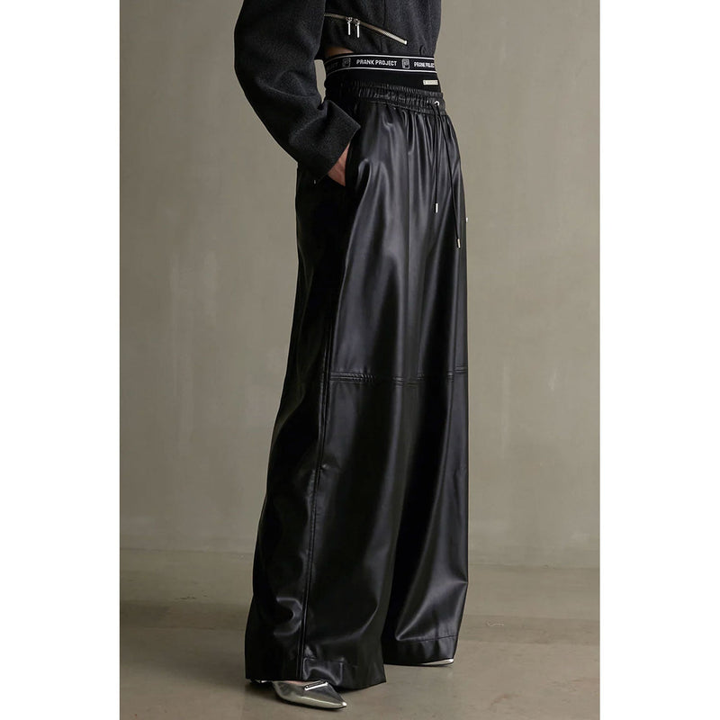 Synthetic Leather Voluminous Wide Pants-BLACK-