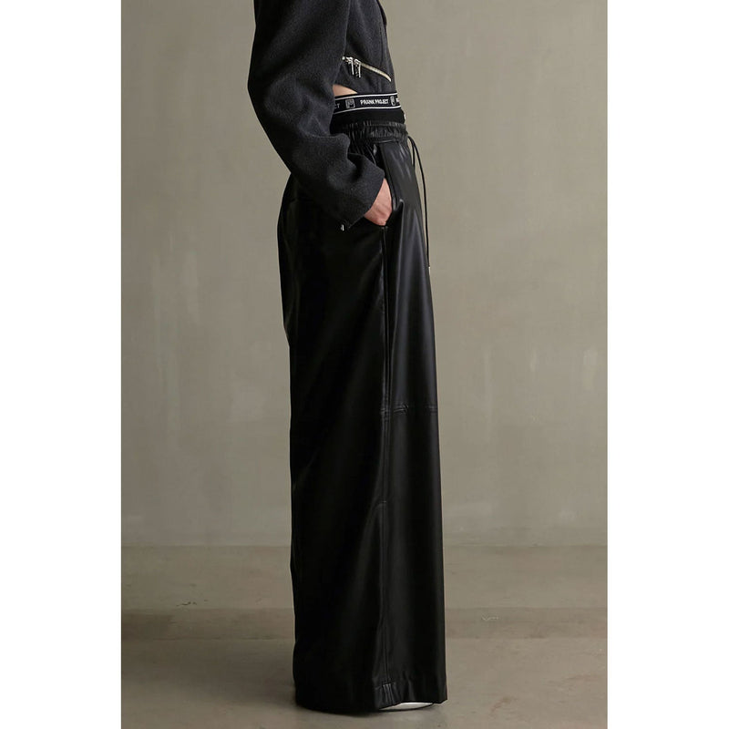 Synthetic Leather Voluminous Wide Pants-BLACK-