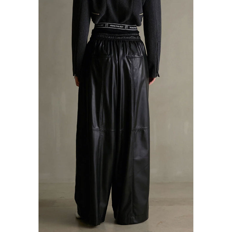 Synthetic Leather Voluminous Wide Pants-BLACK-