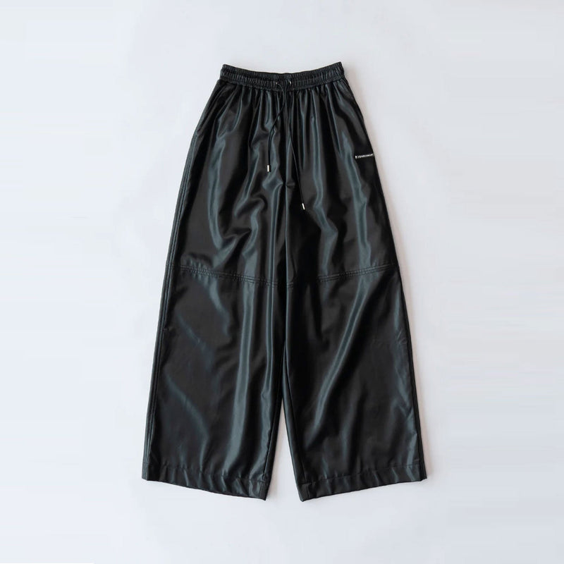Synthetic Leather Voluminous Wide Pants-BLACK-