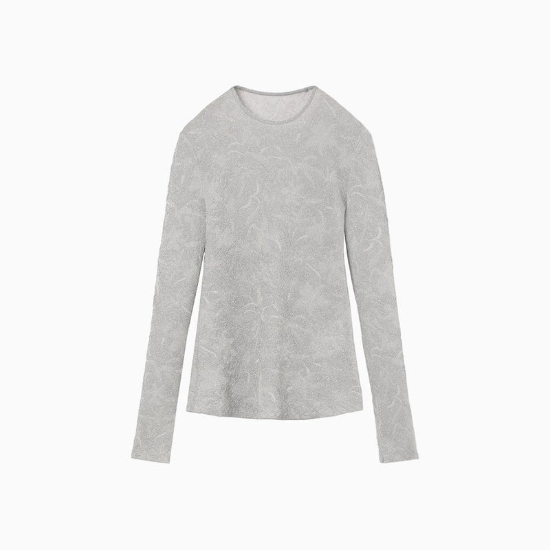 Floral Jacquard Sheer Knit Top-GREY- – THEMARKET