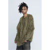 Shaggy V-Neck Cardigan-KHAKI-