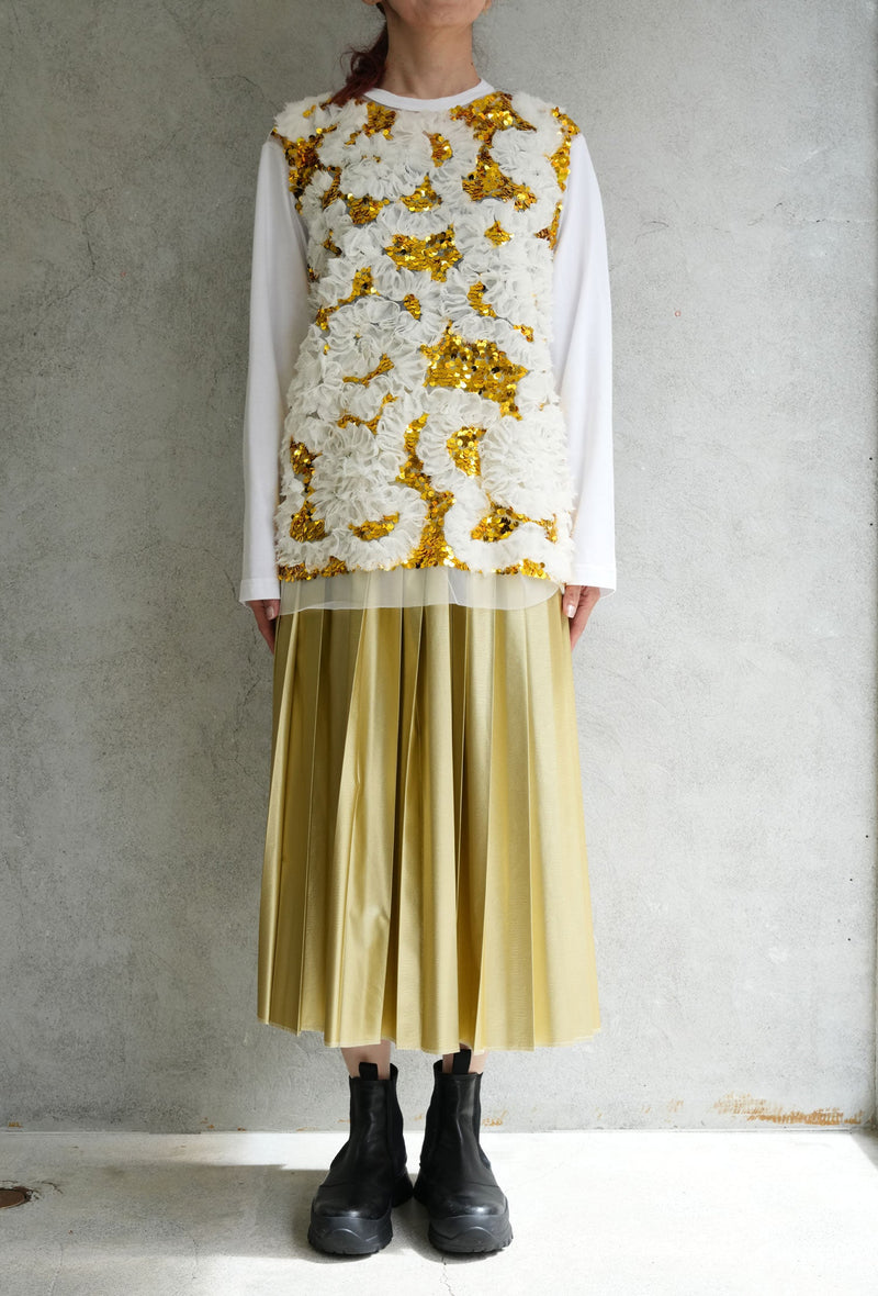 チュール刺繍カットソー-WHITE×GOLD-