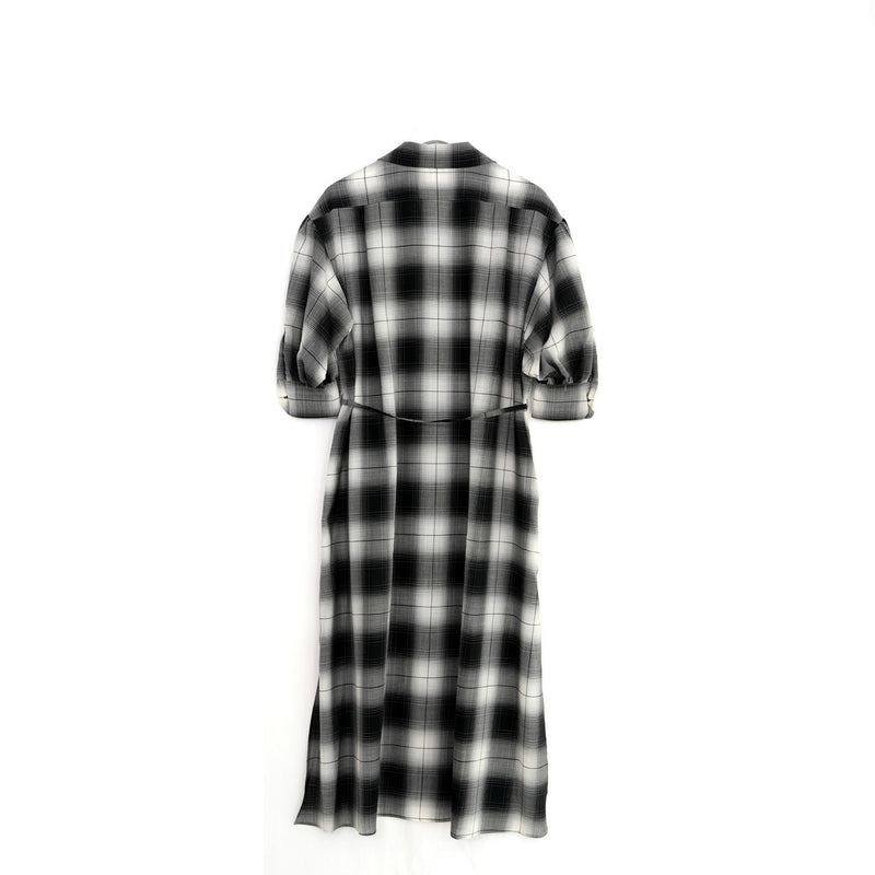 T/W OMBRE CHECK BALLOON SLEEVE DRESS-BEIGE-