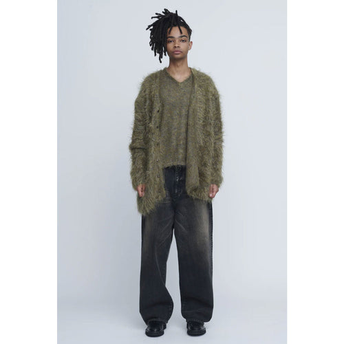 Shaggy V-Neck Cardigan-KHAKI-