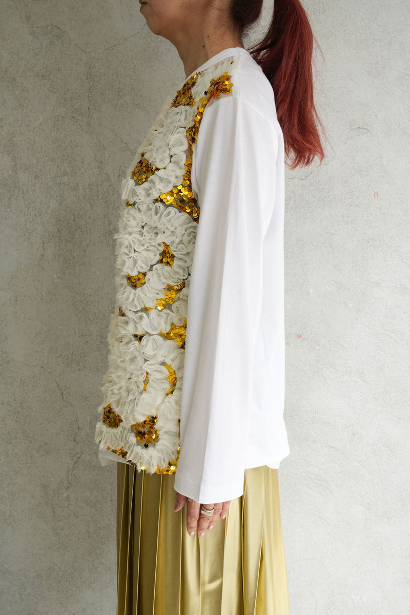 チュール刺繍カットソー-WHITE×GOLD-
