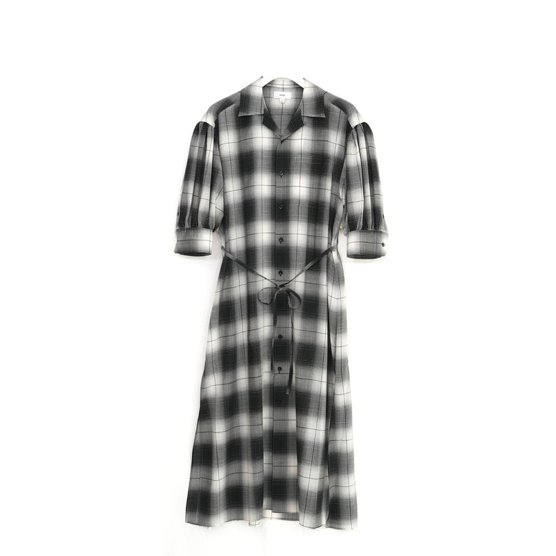 T/W OMBRE CHECK BALLOON SLEEVE DRESS-BEIGE-