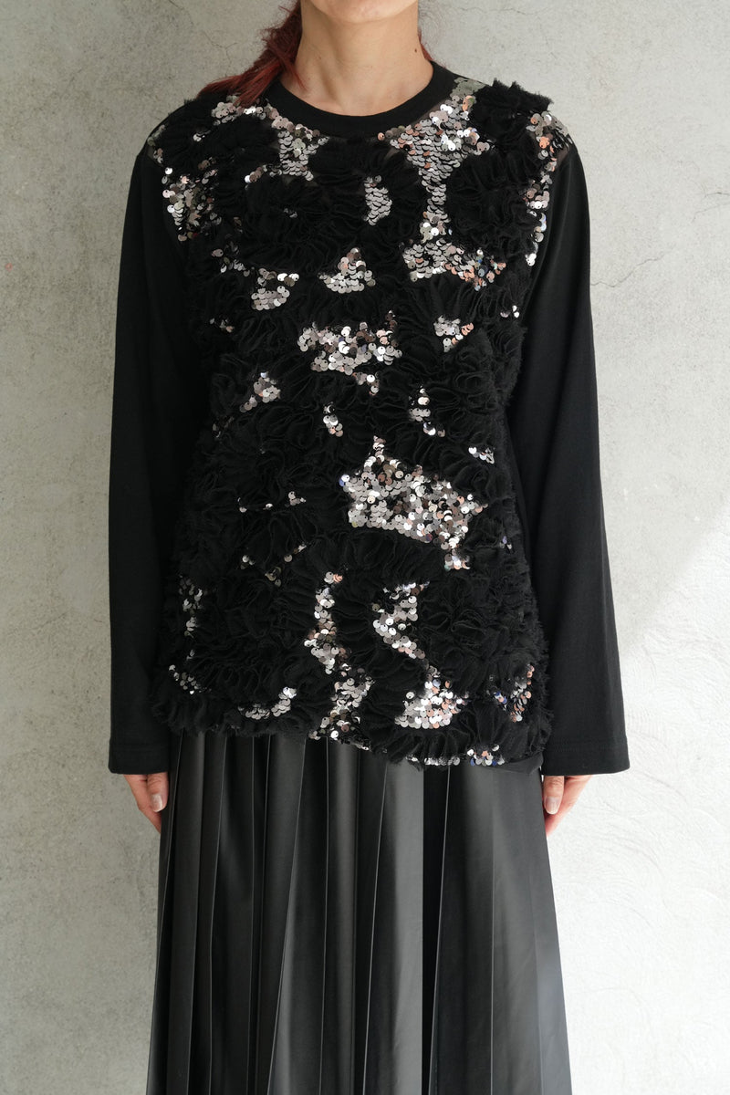 チュール刺繍カットソー-BLACK×SILVER-