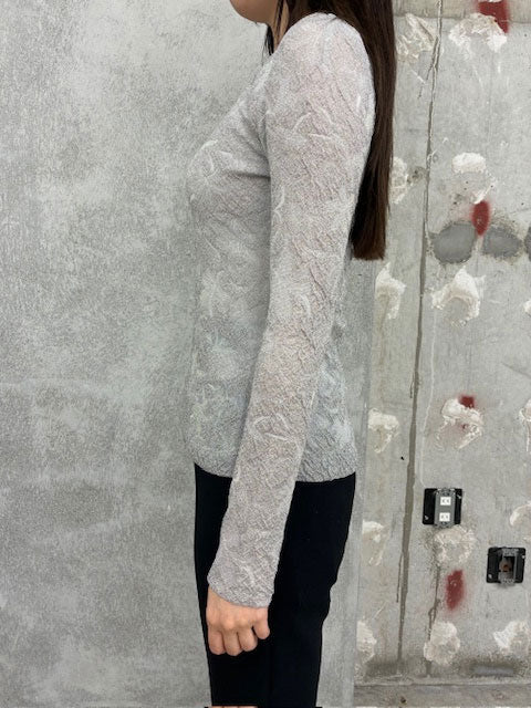 Floral Jacquard Sheer Knit Top-GREY- – THEMARKET