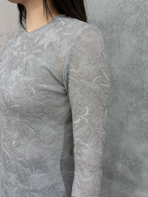 Floral Jacquard Sheer Knit Top-GREY- – THEMARKET