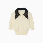 Embroidery Collar Knitted Top - ecru