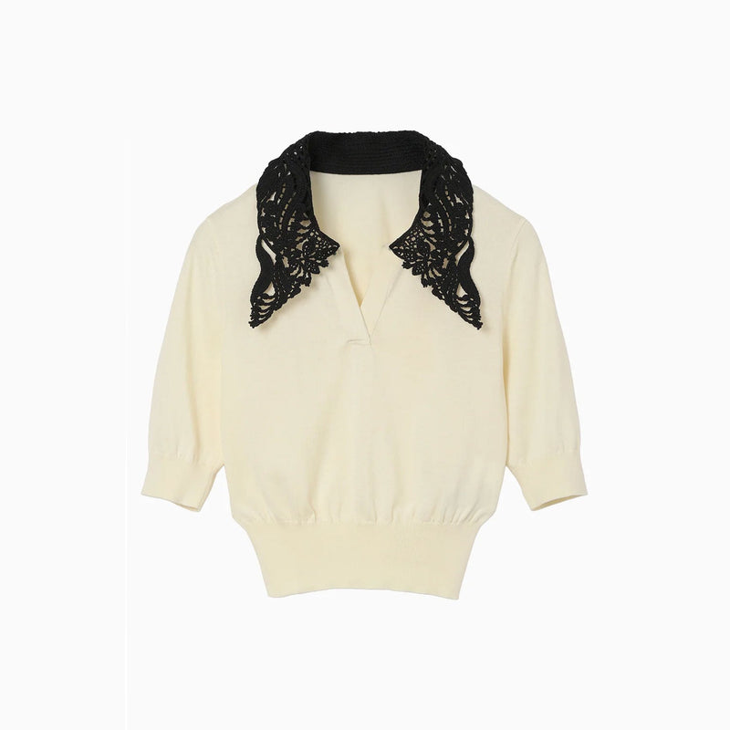 Embroidery Collar Knitted Top - ecru