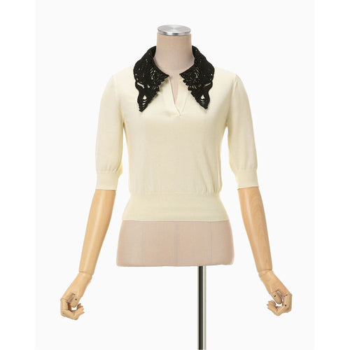 Embroidery Collar Knitted Top - ecru