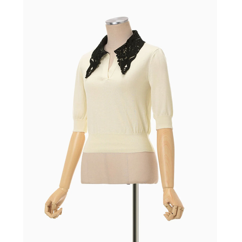 Embroidery Collar Knitted Top - ecru