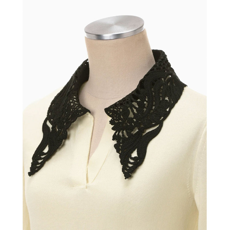 Embroidery Collar Knitted Top - ecru