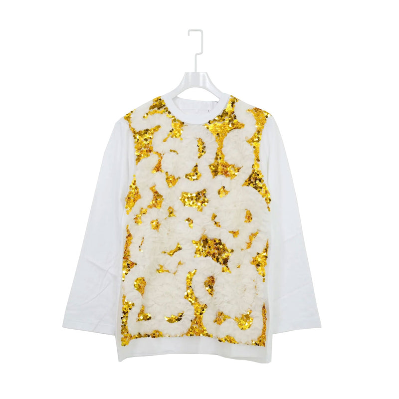 チュール刺繍カットソー-WHITE×GOLD-