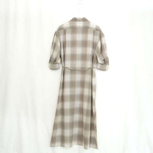 T/W OMBRE CHECK BALLOON SLEEVE DRESS-BEIGE-