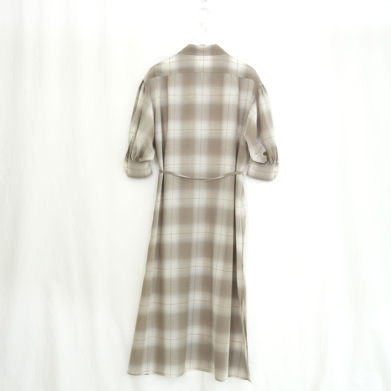 T/W OMBRE CHECK BALLOON SLEEVE DRESS-BEIGE-