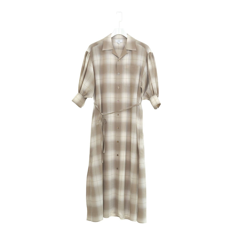 T/W OMBRE CHECK BALLOON SLEEVE DRESS-BEIGE-