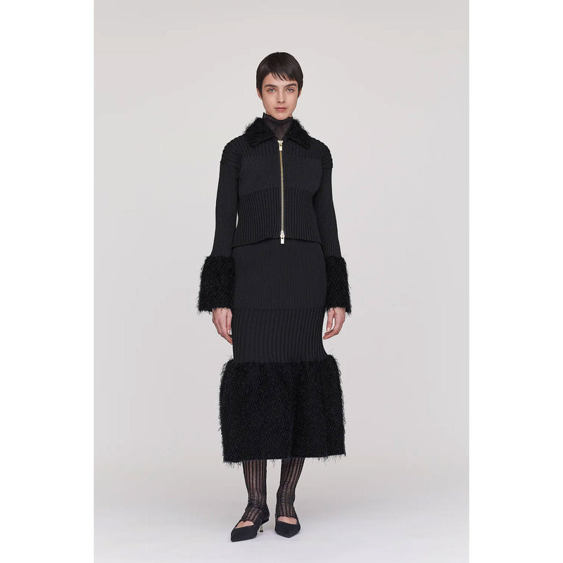 FLUTED PILE GULITTER CROPPED ZIP SHIRT CARDIGAN-BLACK-BLACK-