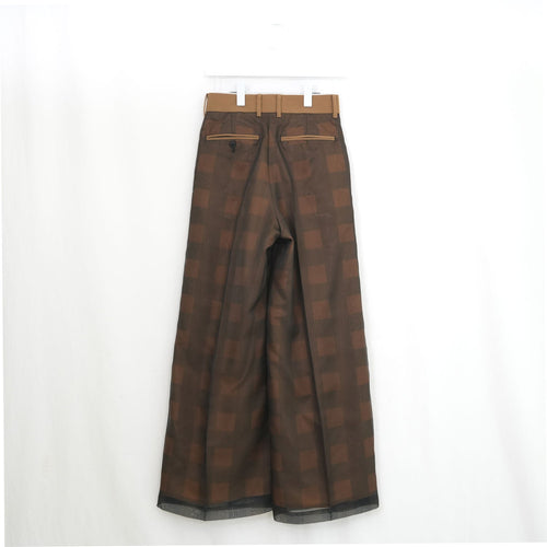 SHEER PLAID WIDE PANTS-C/BROWN-