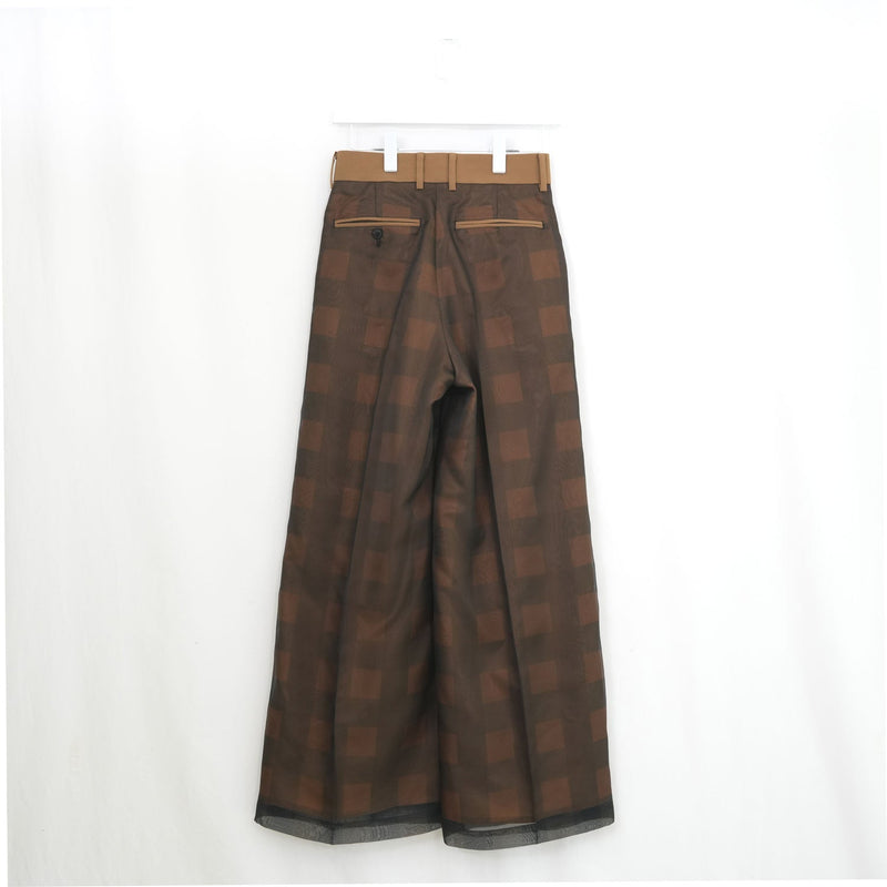 SHEER PLAID WIDE PANTS-C/BROWN-
