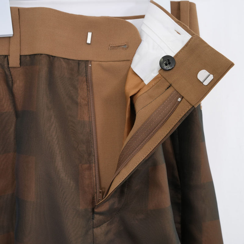 SHEER PLAID WIDE PANTS-C/BROWN-