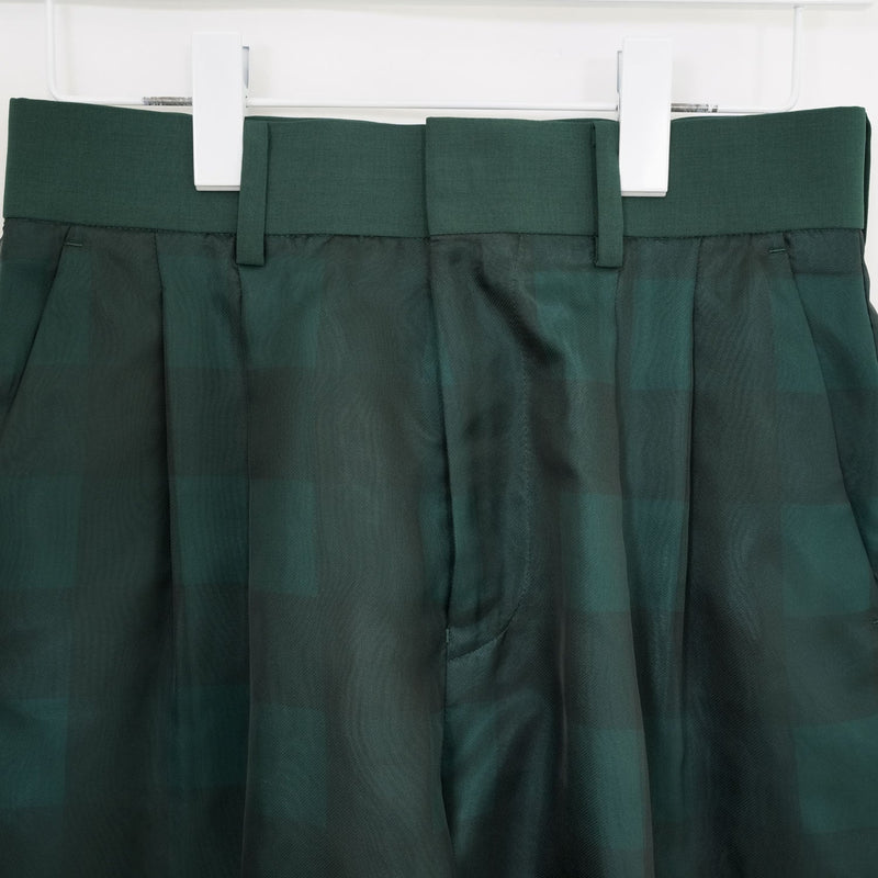 SHEER PLAID WIDE PANTS-GREEN-