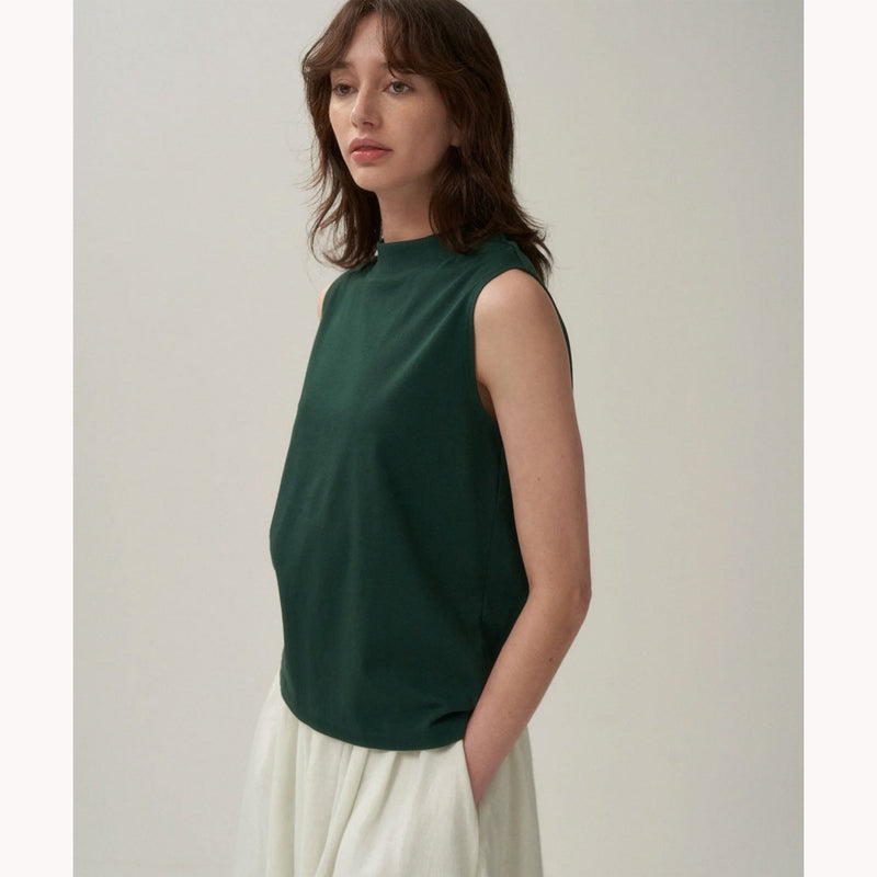 DRY COTTON JERSEY | MOCKNECK SLEEVELESS PULLOVER -GREEN-