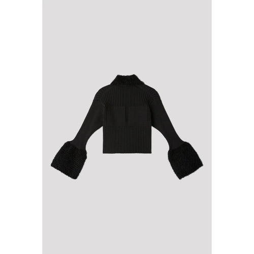 FLUTED PILE GULITTER CROPPED ZIP SHIRT CARDIGAN-BLACK-BLACK-