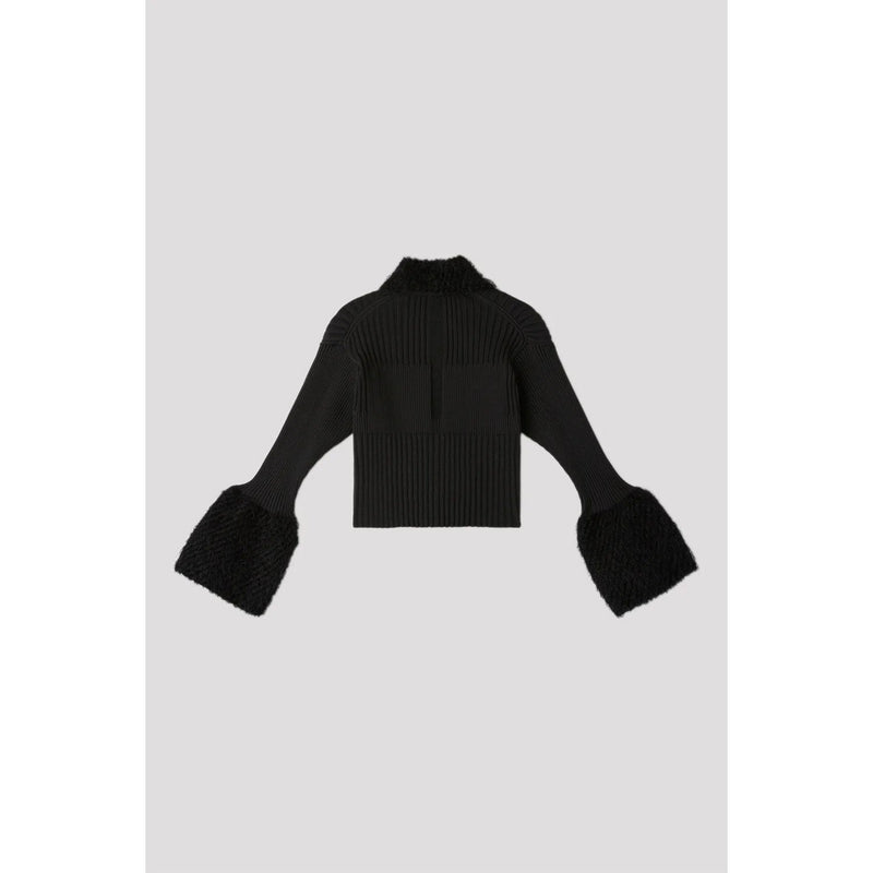 FLUTED PILE GULITTER CROPPED ZIP SHIRT CARDIGAN-BLACK-BLACK-