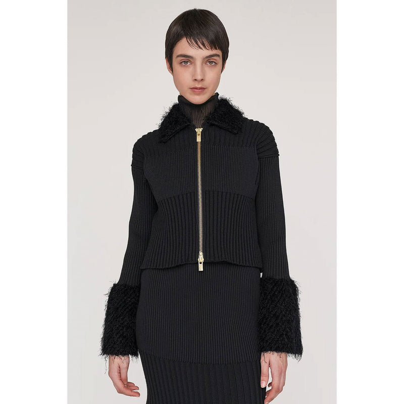 FLUTED PILE GULITTER CROPPED ZIP SHIRT CARDIGAN-BLACK-BLACK-