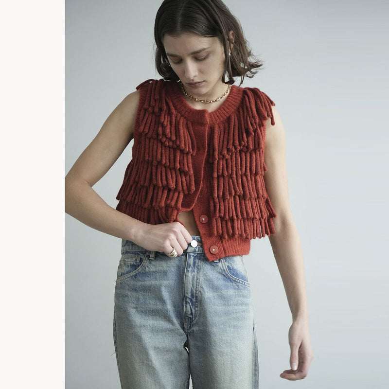 W FACE FRINGE KNIT VEST