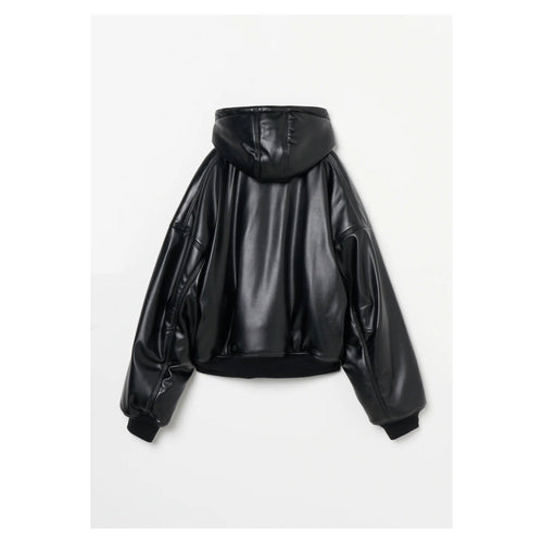 Leather Zip Up Hoodie-BLACK-