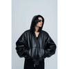 Leather Zip Up Hoodie-BLACK-